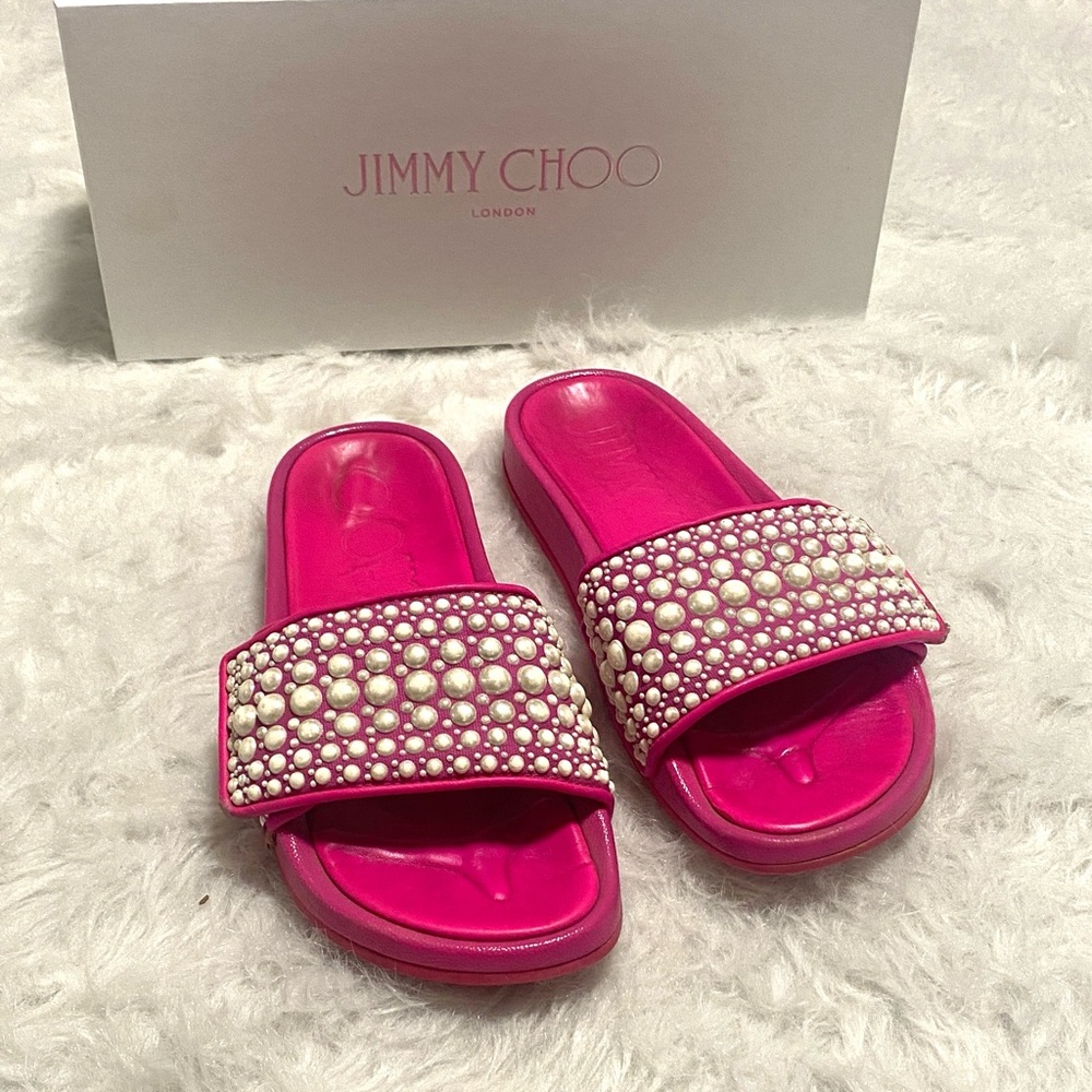 Jimmy Choo fitz Fuchsia Slides with Pearl Accents 37